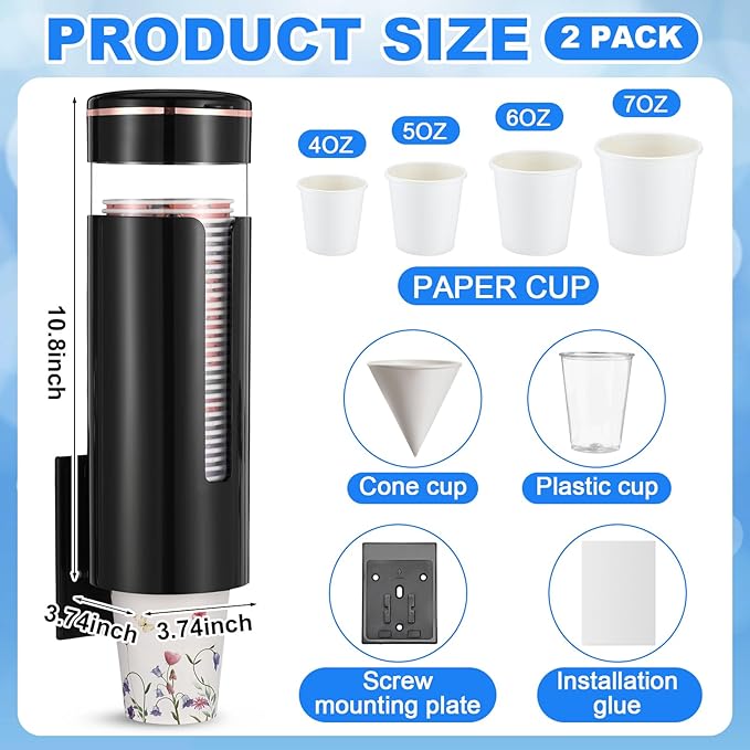 Baderke 2 Pieces Cup Dispenser Pull Type Automatic Remover Fit 4 oz to 7 oz Plastic Water Machine Cup Holder Wall Mount Bathroom Home Office Hospital (Vivid)