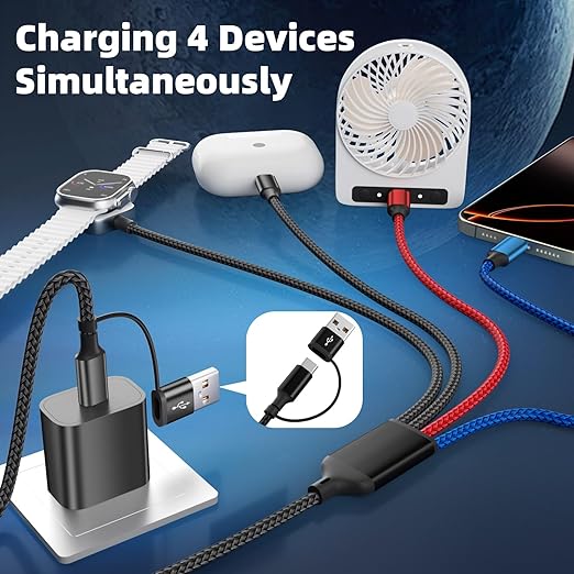 Dual Type-C Port 4 in 2 Multi Charging Cable for iWatch Charger/iPhone17/IP, Travel Charger Cruise Essentials 2026, USBA/USBC Cable for iWatch Ultra/SE/11-2, iPhone17-8, Pad, Car Accessories- 2Pcs 5FT