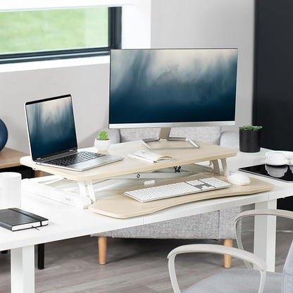 VIVO 32 inch Desk Converter, K Series, Height Adjustable Sit to Stand Riser, Dual Monitor and Laptop Workstation with Wide Keyboard Tray, Light Wood Top, White Frame, DESK-V000KF