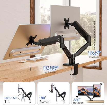 Dual Monitor Mount Fits Up to 32 Inch, Full Adjustable Dual Monitor Stand, VESA with C Clamp, Supports 4.4-19.8LBS LCD/LED Tilt, Swivel, Rotation Computer Screens, Black