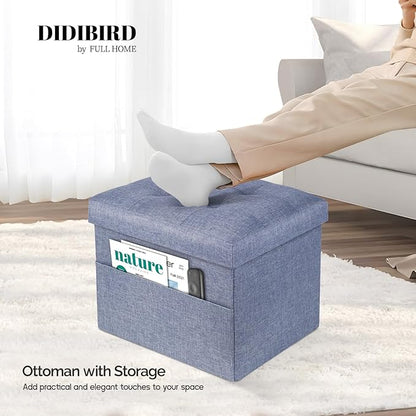 Storage Ottoman,Folding Ottomans with Storage,Linen Ottoman Foot Rest with Pocket,Foot Stool with Thicker Foam Padded for Living Room,Bedroom,Office,Dorm,287 lb Load Capacity,17x13x13in,Blue