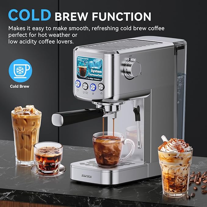 SOWTECH Espresso Machine 20 Bar, Compact Espresso Maker with Milk Frother, Stainless Steel Coffee Machine with 42 oz Water Tank for Cappuccino, Latte&Cold Brew, Home&Office, Silver