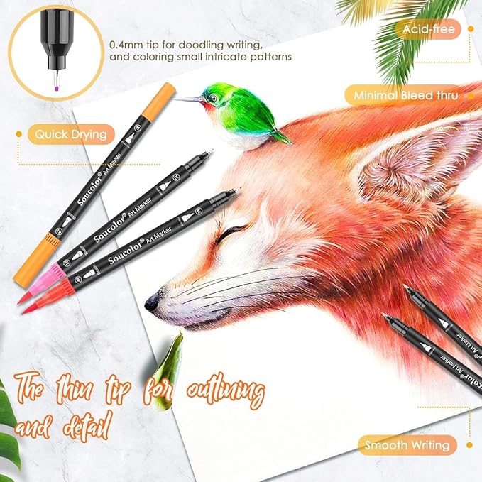 Soucolor Art Brush Markers Pens for Adult Coloring Books, 36 Colors Numbered Dual Tip (Brush and Fine Point) Marker Pen for Kids Note taking Planner Hand Lettering Calligraphy Drawing Journaling