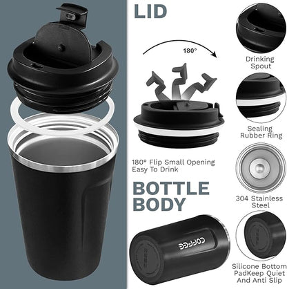 YINBAOGE Insulated Travel Coffee Mug, Spill & Leak Proof, Portable To Go Camping Stainless Steel Coffee Tumbler, Reusable Thermal Coffee Cup with Lid for Hot & Cold Drinks (2nd-Black, 17 OZ)
