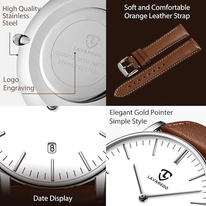 L LAVAREDO Watch for Men, Extremely Thin Mens Watches Minimalist Analog Men's Leather Wrist Watches with Time/Date, Birthday Gift for Men Boyfriend