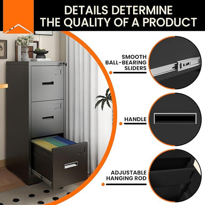 3-Drawer Locking Vertical File Cabinet, Metal Storage Cabinet for Office/Home – Secure Vertical Filing for Letter/Legal/A4/F4 Documents, Easy to Assemble Steel Cabinet, Black