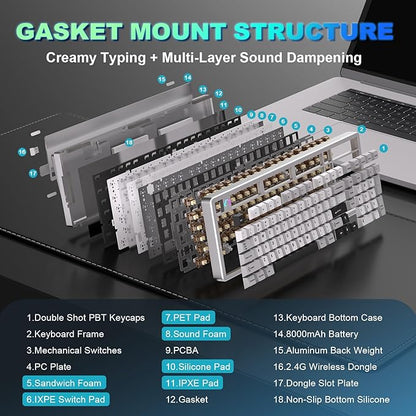 YUNZII AL98 QMK/VIA Wireless Mechanical Gaming Keyboard,Full Aluminum,BT/2.4G/USB-C, Pre-Lubed Hot Swappable Gasket Mount 1800 Layout,RGB Backlit for Win/Mac (White, Cocoa Cream V2 Switch)