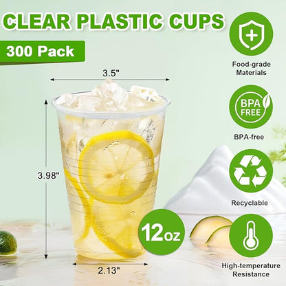 SIUQ 300 Pack 12 oz Clear Plastic Cups, 12 Ounce Disposable Cold Drinking Cups for Party, Picnic, Wedding, BBQ, Travel, Christmas, Halloween, Events