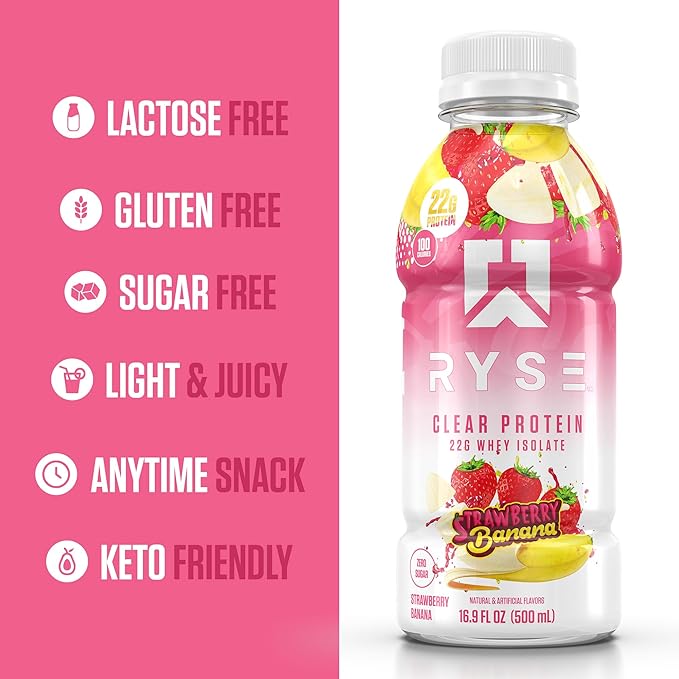 RYSE Clear Protein Drink - Strawberry Banana - 100 Calories, 22g Whey Isolate Protein Shake, Sugar-Free, 0g Fat & Lactose-Free - Refreshing Ready-to-Drink Beverage - 16.9 fl oz Bottles (12-Pack)