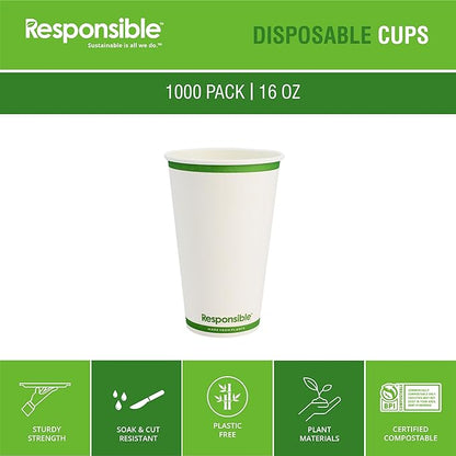 Responsible Products 16 oz Paper Hot Cups, Tree-Less™ Compostable Paper Coffee Cups, Extra Strength, Tree-Free and Made Without PFAS, White (1000 Count)