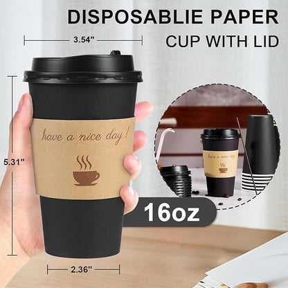 500 pack 16 oz Coffee Cups with Lids, Disposable To Go Paper Coffee Cups with Sleeves and Stirring Sticks for Hot/Cold Drinks Office Home Shop Event