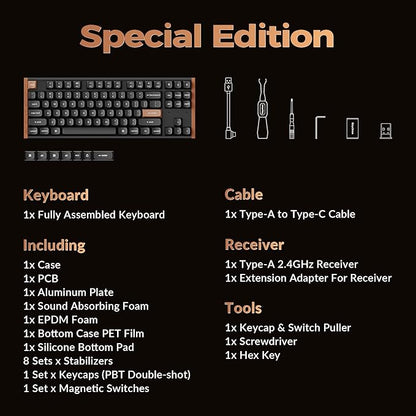 Keychron K8 HE TKL Wireless Bluetooth 2.4G Wired Triple Mode Hot Swappable Hall Effect Keyboard with QMK VIA Aluminum+Wood Frame Rapid Trigger for Mac Windows Linux-Black