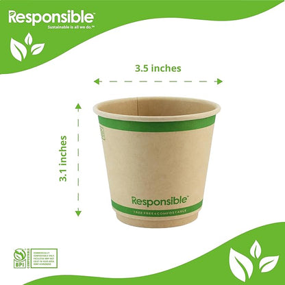 Responsible Products Smooth Insulated Paper Hot Cups (squat), Tree-Less™ Compostable Insulated Coffee Cups, Tree-Free, Made Without PFAS (Natural Brown, 8 oz (100 Count))