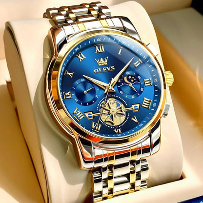 OLEVS Watches Men Waterproof Luxury Big Face Mens Watch Stainless Steel Quartz Analog Dress Watches for Men Luminous Multifunction Man Watch Relojes De Hombre