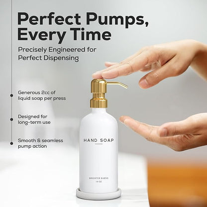 Luxury Glass Hand Soap Dispenser Bathroom Set by Brighter Barns - Hand Soap Dispenser with Stainless Steel Pump - Glass Bottle with Round Tray - White and Gold Bathroom Decor & Accessories (Gold)