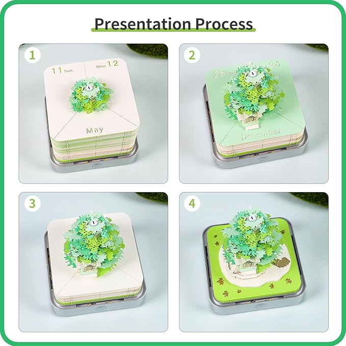 3D Memo Pad 2026 Time Piece Calendar Desk Calendar Tear Away Notepad with Lights DIY Art Carving Sticky Notes Artwork Gift for Thanksgiving Christmas Office Desktop Decoration-Green Treehouse