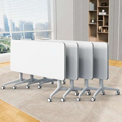 Folding Conference Table, Conference Room Tables Foldable Large Meeting Seminar Table on Wheels,Flip Top Boardroom Training Tables for Office, Classroom,Meeting (4, White, 61in)