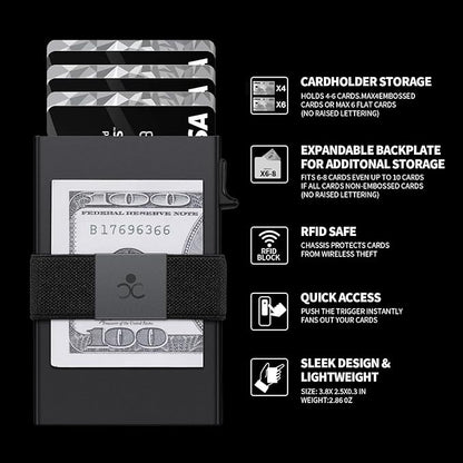 Slim Aluminum Card Holder Wallet for Men, Durable Expandable Backplate, RFID Blocking Minimalist Metal Pop Up Wallet, Holds 12+ Cards Plus Cash