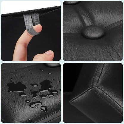 Storage Ottoman Foot Rest Stool, Small Leather Storage Ottomans Bench, Folding Footstool with Side Pockets, Foot Rest Under Desk for Living Room Bedroom, 16x12x12 in, Black 2 Pack