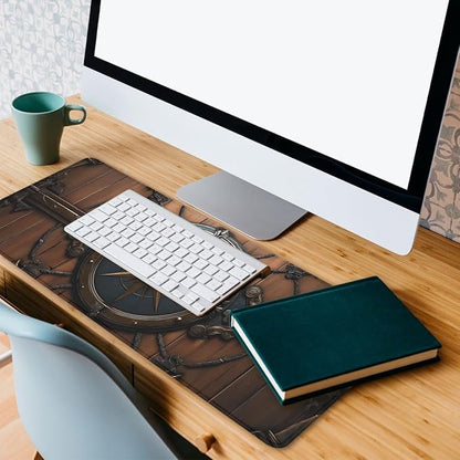 Nautical Compass Desk Pad Mouse Pad Vintage Wood Metal Large Gaming Mouse Mat with Stitched Edges,Non-Slip Waterproof Rubber Base Mous Mat 31.5"x11.8"