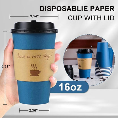 500 pack 16 oz Coffee Cups with Lids, Disposable To Go Paper Coffee Cups with Sleeves and Stirring Sticks for Hot/Cold Drinks Office Home Shop Event