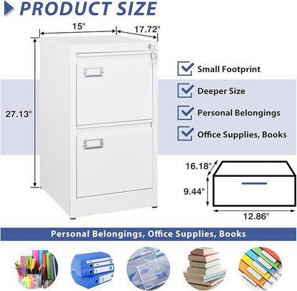 2 Drawer File Cabinet, Filing Cabinets for Home Office, Metal Vertical File Storage Cabinet with Lock, Locking File Cabinet for A4 Legal/Letter, 15" W x 17.7" D x 27.1" H, Assembly Required