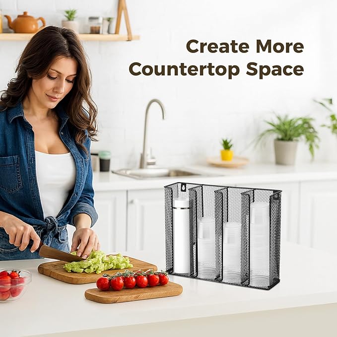 Wall Mount Portion Sauce Cup Lid Organizer, Black Metal Mesh Sauce Cup Dispenser, 4 Compartment for Stacking Plastic Disposable Cup and Lid Storage For Kitchen Restaurant Coffee Bar,Easy Installatio