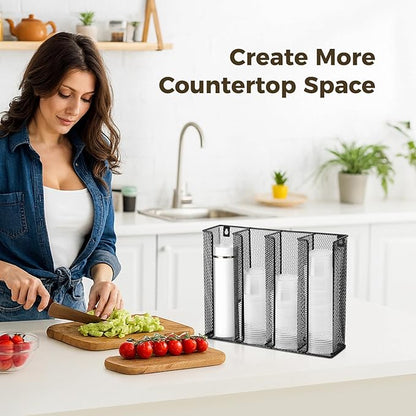 Wall Mount Portion Sauce Cup Lid Organizer, Black Metal Mesh Sauce Cup Dispenser, 4 Compartment for Stacking Plastic Disposable Cup and Lid Storage For Kitchen Restaurant Coffee Bar,Easy Installatio