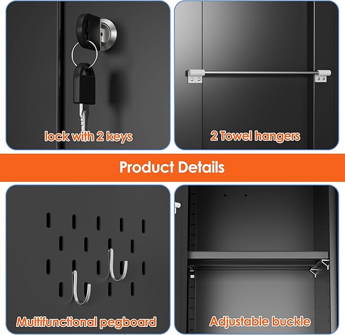 Broom Closet Storage Cabinet with 5 Pegboard, Hanging Rod &13 Hooks, Utility Metal Garage Storage Cabinets with Doors and 4 Shelves for for Garage Home Storage, Black,61.6" Hx27.6 Wx13.8 D