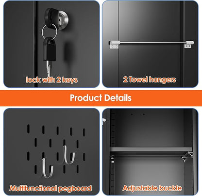 Broom Closet Storage Cabinet with 5 Pegboard, Hanging Rod &13 Hooks, Utility Metal Garage Storage Cabinets with Doors and 4 Shelves for for Garage Home Storage, Black,61.6" Hx27.6 Wx13.8 D