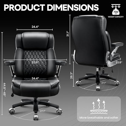 OFIKA 700LBS Large Heavy Duty Office Chair with 5D Flip Arms, Big and Tall Office Chair,High Back Computer Executive Desk Chair with Adjustable Lumbar Support,Dual Rubber Wheel(Black)