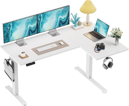 HUANUO 63x40 inch Dual Motor L Shaped Electric Standing Desk with 3 Preset Heights, Electric Height Adjustable Computer Table, 2 Hooks & Cable Tray, Raising Desk for Home Office, White