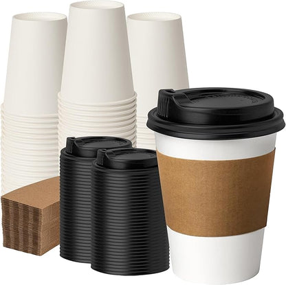 12 oz 100 Pack Coffee Cups with Lids and Sleeves, Hot Paper Coffee Cups with Lids, Disposable To Go Cups with Lid for Coffee, Tea, Hot Chocolate, Ideal for Cafes, Offices and Travel