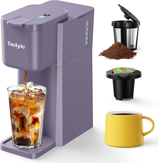 Mini Hot and Iced Coffee Maker Single Serve, for K Cup and Ground, 6 to 14 Oz Brew Sizes, with Recipe Book, for Home, Travel, RV, Office and Dorm, Violet