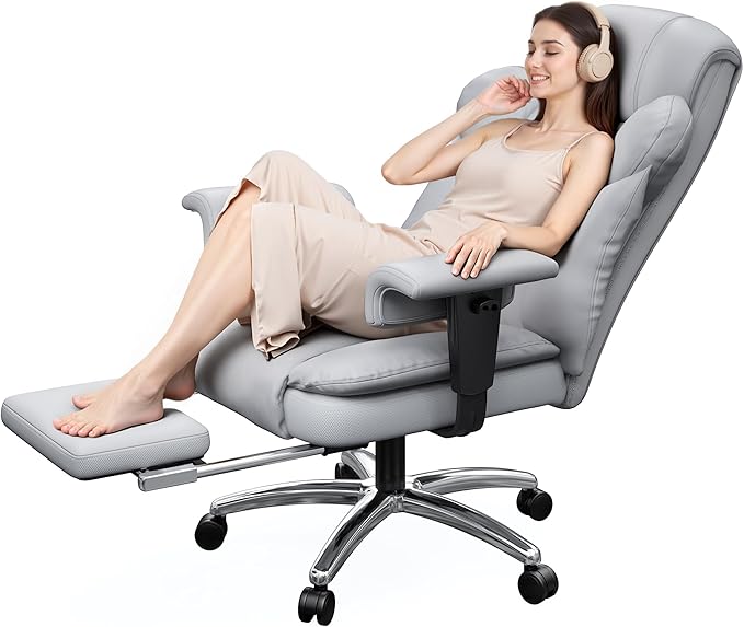 Ergonomic Office Chair with Foot Rest and Arms,Big and Tall Leather Executive Office Chair with Wide&Deep Seat Thickened,Reclining Comfy Desk Chair with High Back and Lumbar Support,Grey