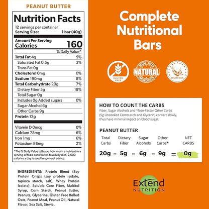 Extend Sugar Free Protein Bars, Perfect Diabetic Snacks, High Protein and Fiber, Hunger Control & Steady Energy, Low Carb, Keto Friendly (Peanut Butter)