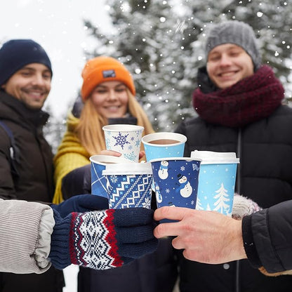 200 Set Christmas Coffee Paper Cups with Lids 12oz, Bulk Disposable Winter Coffee Cups, 5 Styles Xmas Holiday Cups for Hot Chocolate Cold Drinks Christmas New Year Winter Party Supplies Decorations