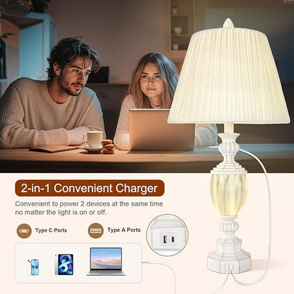 27" Rustic End Table Lamp Set of 2 with Night Light for Bedroom Living Room USB Charging Pots Farmhouse Bedside Lamp with Pleated Shade Boho Nightstand Lamps for Room Office Hotel Dorm(Bulb Included)