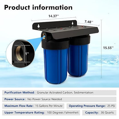 Whole House Water Filter System with Carbon and Sediment Filters, 5-Stage Filtration, Reduces Lead, Chlorine, Odor & Taste, 1" Inlet/Outlet