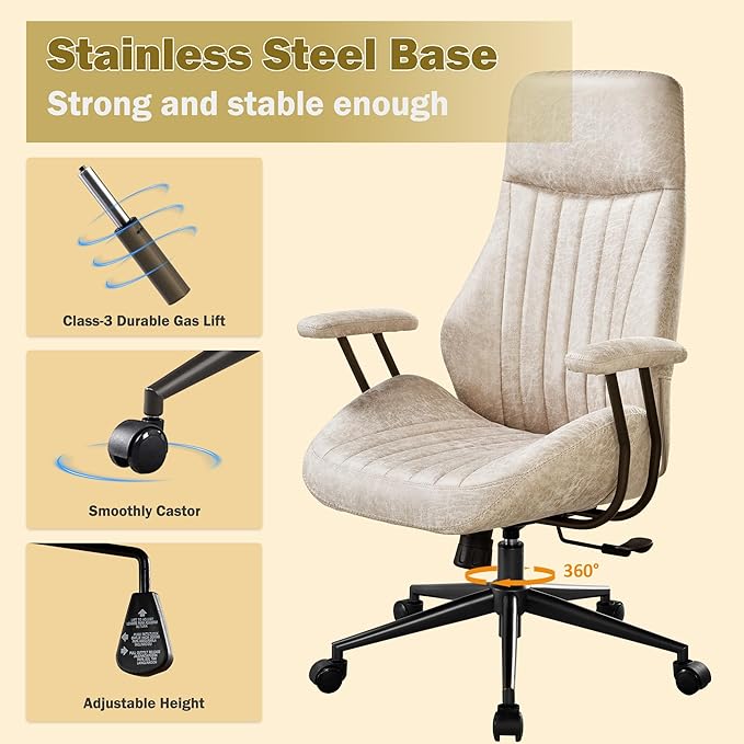 High Back Padded Headrest Office Chair, Suede Ergonomic Executive Office Chair with Lumbar Support, Adjustable Height Home Office Desk Chair with Armrests, Rolling Swivel Computer Gaming Chair, Beige