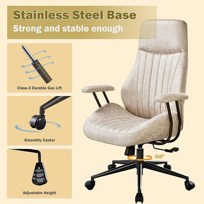 High Back Padded Headrest Office Chair, Suede Ergonomic Executive Office Chair with Lumbar Support, Adjustable Height Home Office Desk Chair with Armrests, Rolling Swivel Computer Gaming Chair, Beige