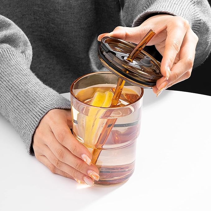 13 oz Tumbler Water Glass, Water Bottle with Straw and Dustproof Lid, Coffee Ice Cup Double Wall Insulated Glass Cup (Amber-4pack)