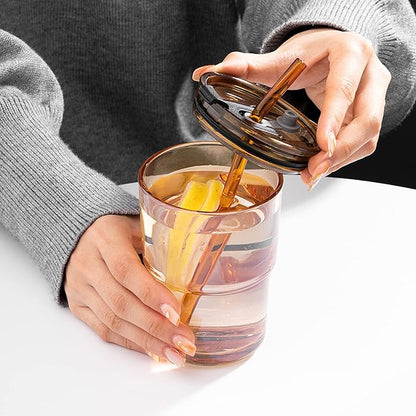 13 oz Tumbler Water Glass, Water Bottle with Straw and Dustproof Lid, Coffee Ice Cup Double Wall Insulated Glass Cup (Amber-4pack)