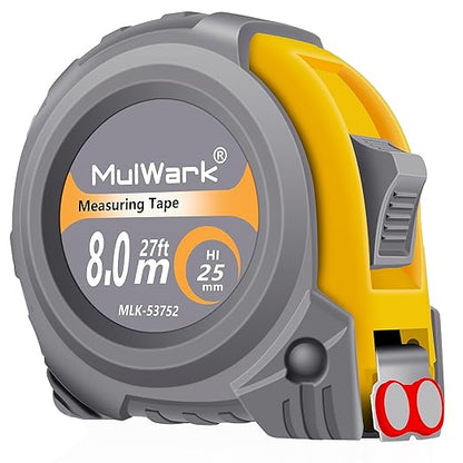 MulWark 26ft Measuring Tape Measure by Imperial Inch Metric Scale with Both-Side Metal Blade,Magnetic Tip Hook and Shock Absorbent Case-for Construction,Contractor,Carpenter,Architect,Woodworking