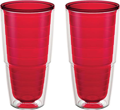 Tervis Clear & Colorful Tabletop Made in USA Double Walled Insulated Tumbler Travel Cup Keeps Drinks Cold & Hot, 24oz - 2pk, Red