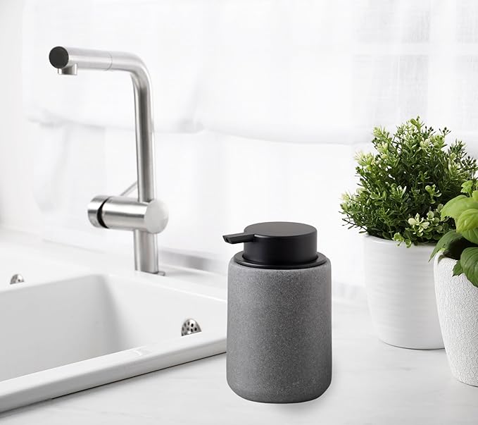 Resin Hand Soap Dispenser with Easy-to-Press Pump, Refillable Liquid Soap Dispenser with Sandstone Like Finish, Waterproof Bottle Labels for Bathroom Kitchen Dish Lotion (Gray, 10 oz)