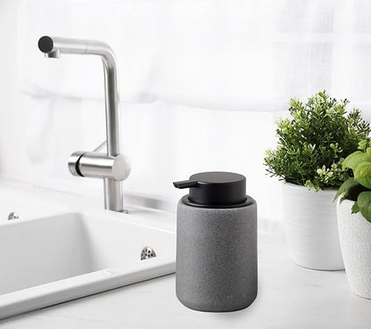 Resin Hand Soap Dispenser with Easy-to-Press Pump, Refillable Liquid Soap Dispenser with Sandstone Like Finish, Waterproof Bottle Labels for Bathroom Kitchen Dish Lotion (Gray, 10 oz)