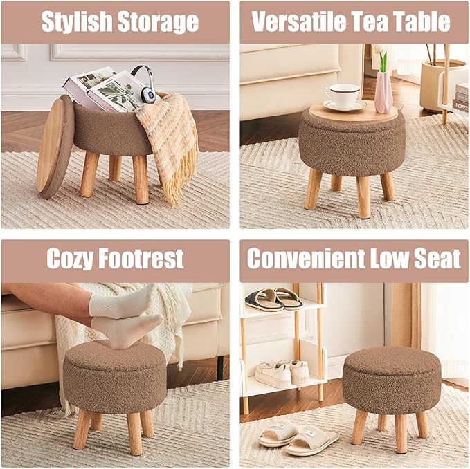 Poofzy Small Ottoman with Storage, Small Foot Stool Ottoman with Wood Legs, Sherpa Foot Rest for Couch, Living Room and Bedroom - Brown