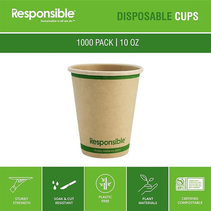 Responsible Products 10 oz Paper Hot Cups Bulk, Tree-Less™ Compostable Paper Coffee Cups, Extra Strength, Tree-Free and Made Without PFAS, Natural Brown (1000 Count)