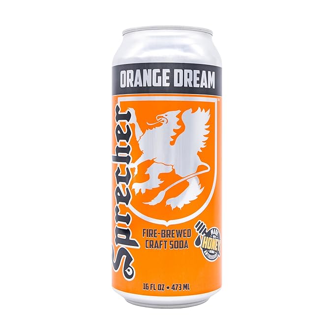 Sprecher Orange Dream Craft Soda, Fire-Brewed with Real Honey, Handcrafted Orange Soda, Caffeine-Free Gourmet Beverage – 16 fl oz Cans (12 Pack)